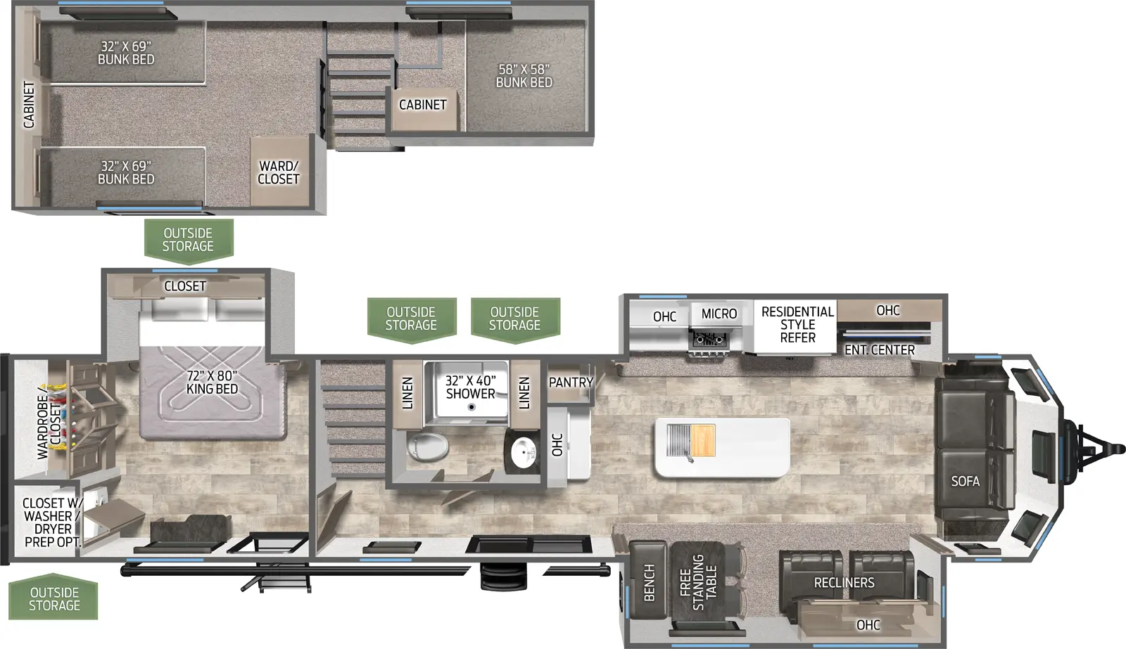 The Puma Destination 402LFT floorplan has two entries and three slide outs. Exterior features include: metal exterior and 21' awning. Interiors features include: loft, kitchen island, free-standing dinette option, rear bedroom and front living.